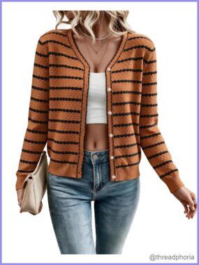 Ribbed Knit Striped Button Down Cardigan V-Neck Long Sleeve Casual Sweater